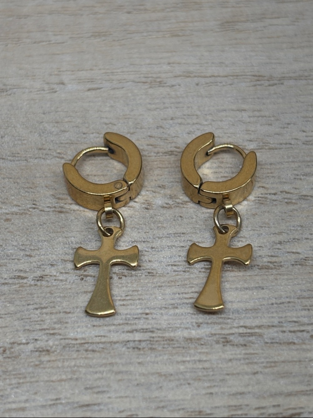 Gold Cross Huggie Hoop Earrings - Dangle Cross Charm